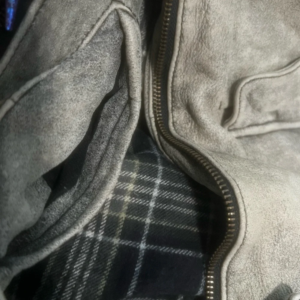 Oxford Leather Moto Bomber Jacket Gray Plaid Lined Medium Large